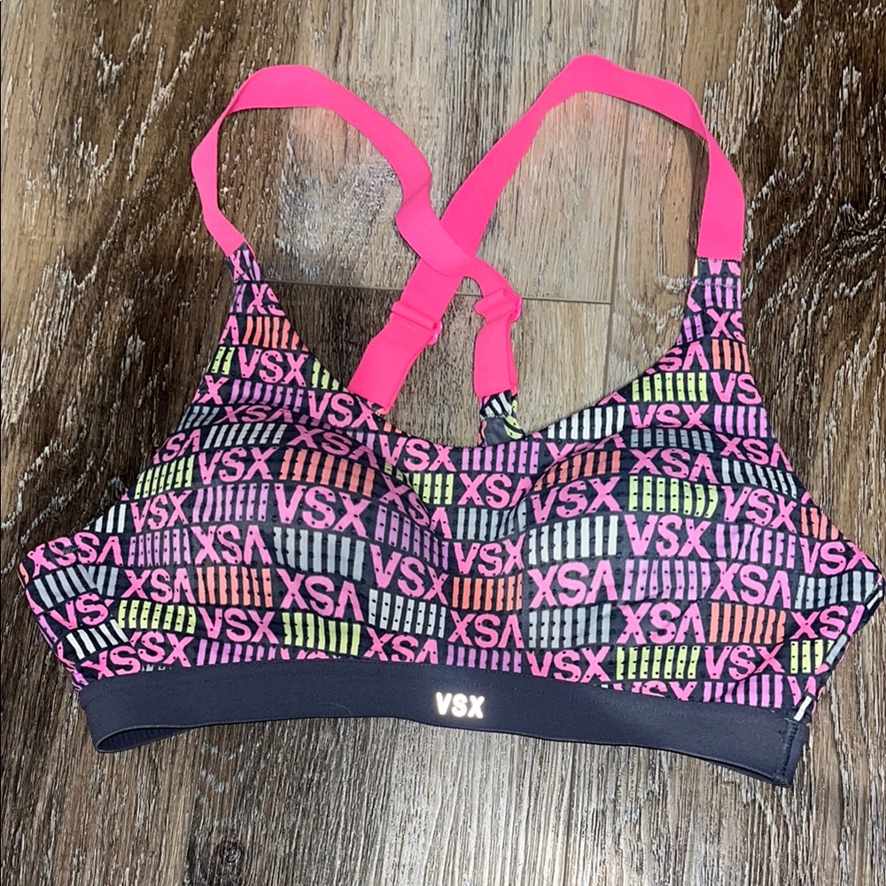 VSX Pink and Black sports bra with Cross-Back Design
